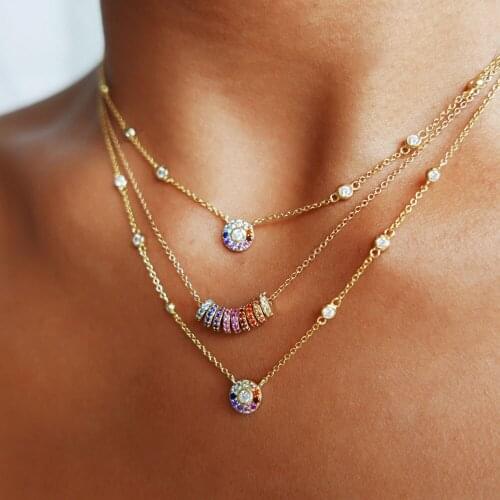 New Arrive Gold Plated Rainbow Cz Paved Round Circle Beads Floating Moving Beaded Chain Link Delicate Necklace