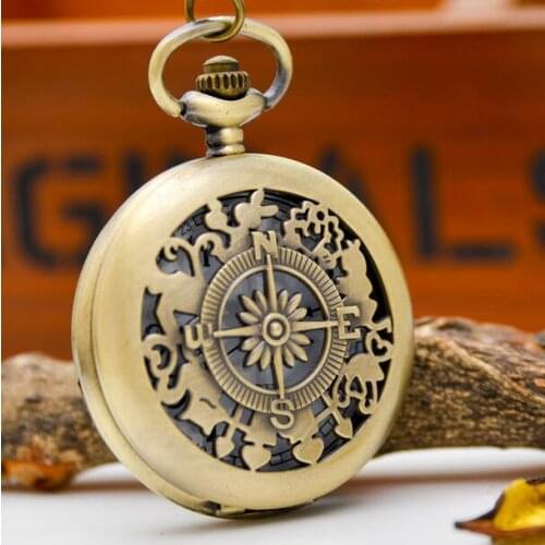 New Fashion quartz Bronze antiques compass Hollow out Modern clock Necklace pocket watches gift