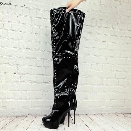 Olomm New Fashion Women Winter Thigh Boots Sexy Rivets Stiletto Heel Round Toe Black Blue Dress Shoes Women Plus Size 35-47