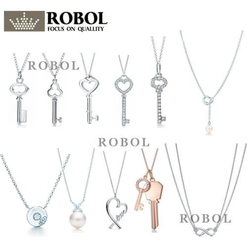 Original 925 Sterling Silver TIF Classic Heart Key Necklace with Original Engraved Woman Jewelry Gift Free Shipping Wholesale