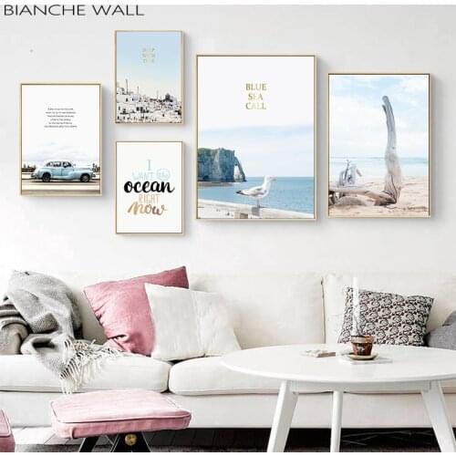 Ocean Landscape Canvas Poster Nordic Style Beach Pink Bus Wall Art Print Painting Decoration Picture Scandinavian Home Decor