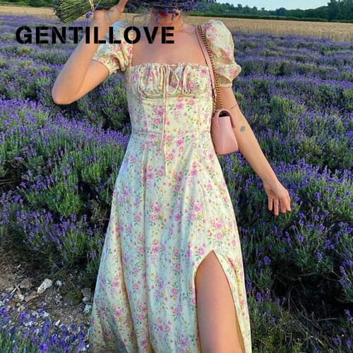 Gentillove Elegant Bubble Sleeve Summer Beach Sundress Sexy Boho Floral Print Split Long Dress Casual Holiday Slim A Line Dress