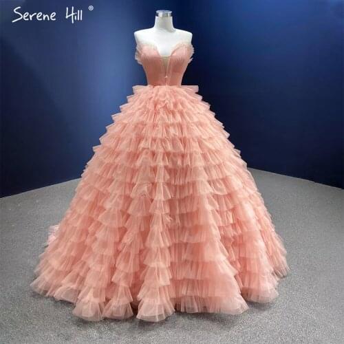 Serene Hill Pink Luxury Ruffles Tiered Wedding Dress 2021 Sexy Strapless Lace Up Bridal Gown Custom Made CHM67033B