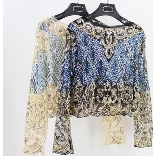 Bling Bling Women Body Crop Top Blouse Feminina Floral Check Embroidered Lace Mesh Long Sleeve Sequined Beaded Short Shirt Top