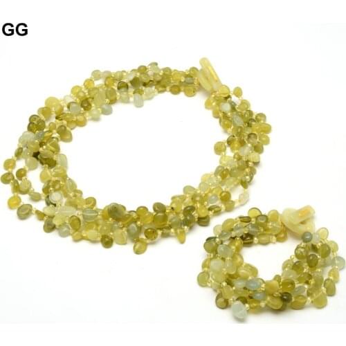 GuaiGuai Jewelry 5 Strands Natural Gems Stone Green Jades Top-drilled Fancy Polished Necklace Bracelet Sets Handmade For Women