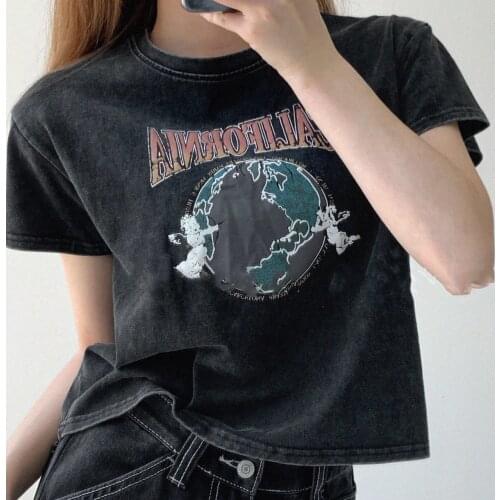 American Vintage Letter Graphic Dark T Shirts Women Streetwear Crop Tops 2021 Summer New Fashion Tees for Female Korean Trend