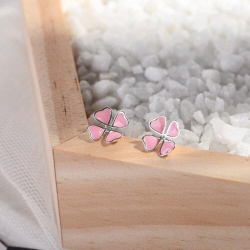 Lidavi 2019 Valentines Day 925 Sterling Silver Enamel Lucky Clover Heart Stud Earrings for Women Girls Fashion Jewelry VES6210