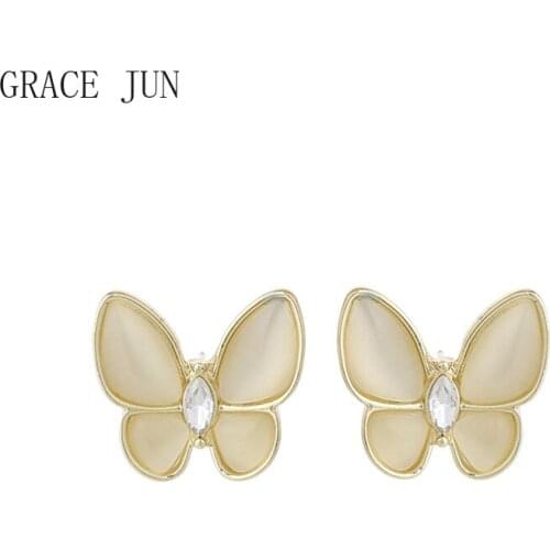 GRACE JUN 2 Colors Butterfly Clip Earrings for Women Girls Cute Opal Rhinestone Cartoon Screw Cuff Clip Earrings Charm Ear Clip