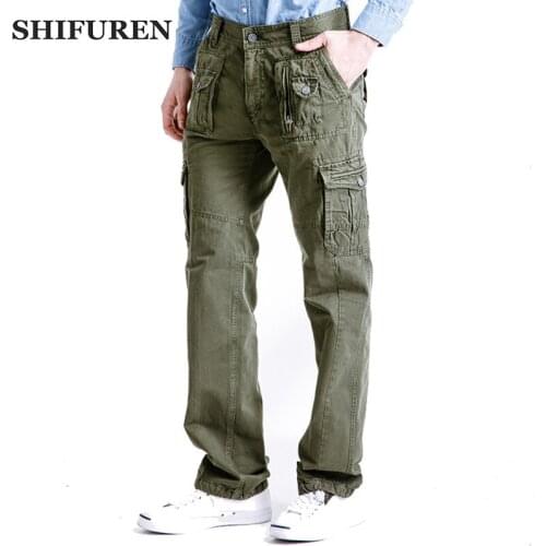 SHIFUREN Baggy Cargo Pants Men Military Trousers Cotton Multi Pocket Loose Fit Male Causal Full Length Trousers Plus Size 29-40