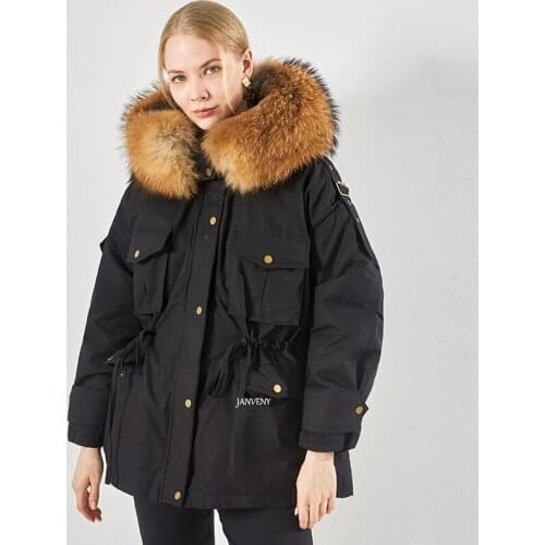 2021 Winter Keep Warm Real Raccoon Fur Collar Duck Down Coat Women Mid Length Casual Hooded Thick Loose Tooling Puffer Jacket
