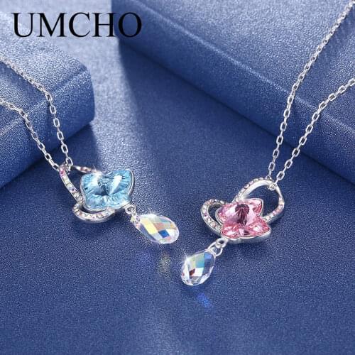 UMCHO Butterfly Real 925 Sterling Silver Necklace Created Pink Blue Crystal Gemstone Necklaces For Women Party Gift With Chain