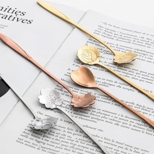 8 Pcs Cherry Blossoms Stainless Steel Coffee Spoon Teaspoons Ice Cream Sugar Cutlery Gold Kitchen Tableware A1