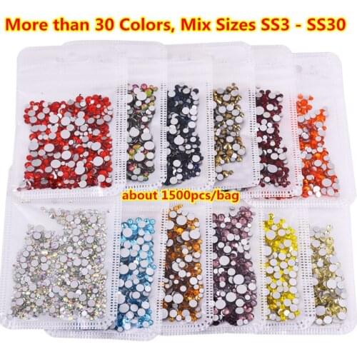 Free Ship about 1500pcs Mix Size Mix Color Nail Rhinestones Colorful Nail Strass ss30 ss3 ss6 ss8 ss10 Nail Crystals Decorations