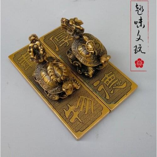 Four Treasures Study Small copper paper press ruler sculpture figure pure copper dragon Turtle cardboard pair