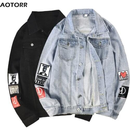 Men Denim Jacket 2021 Autumn New Mens Stand Collar Jean Jackets Letter Printed Male Casual Street Hip Hop Loose Denim Outerwear