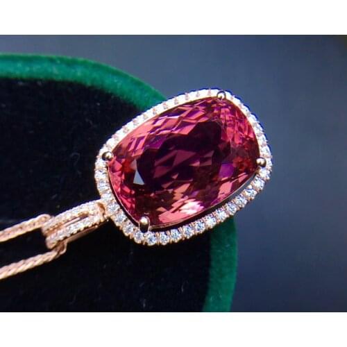 E430 Rubillite Tourmaline Pendant Real 18K Gold 100% Natural Rubillite Tourmaline 9.7ct Gemstones Diamond Pendant Necklace