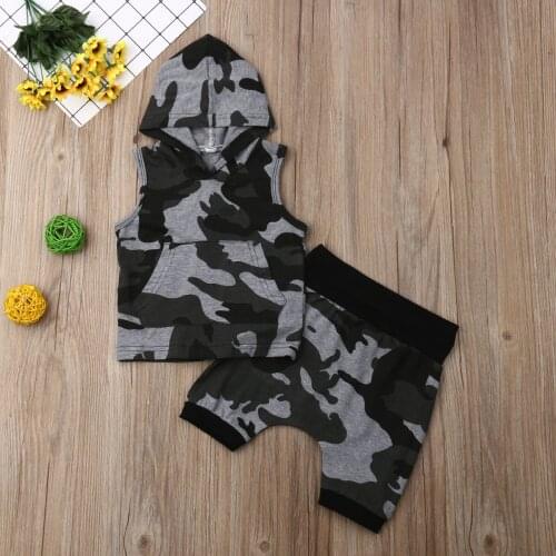 Toddler Kids Baby Boys Camo Hoodies Sleeveless Tops Shirt Pants Shorts Outfits Set