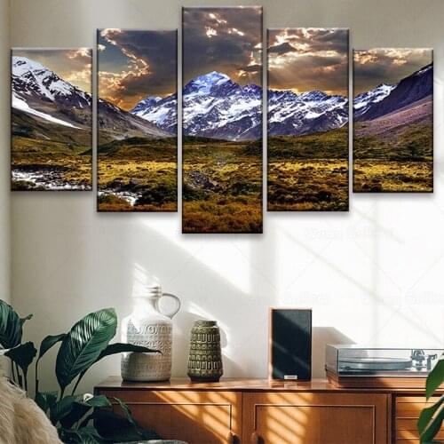 Painting Canvas Wall Art Picture Home Decor 5 Pieces Sky Ice Mountain Grassland Natural Landscape For Living Room Poster Frame
