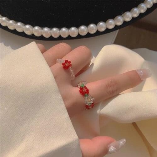 Resin Flower Rings Charm Transparent Handmade Crystals Beads Ring Elastic Jewelry Wholesale 2021 New Cute Karean Gifts