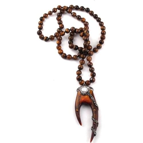 MOODPC Fashion Bohemian Jewelry 8mm Bead Stones Long Knotted Handmade Paved Teeth Pendant Necklaces For Women Jewelry