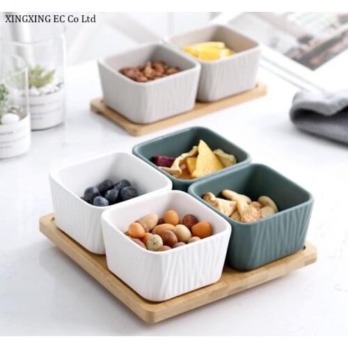 Natural Bamboo Wooden Tray Ceramic Snack Dish Creative Grid Snack Nut Platter Household Tableware Fruit Plate Candy Storage Box