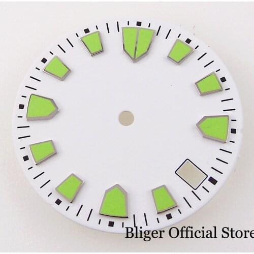 Nologo 28.5MM White Watch Dial fit NH35A Movement Green Luminous Index