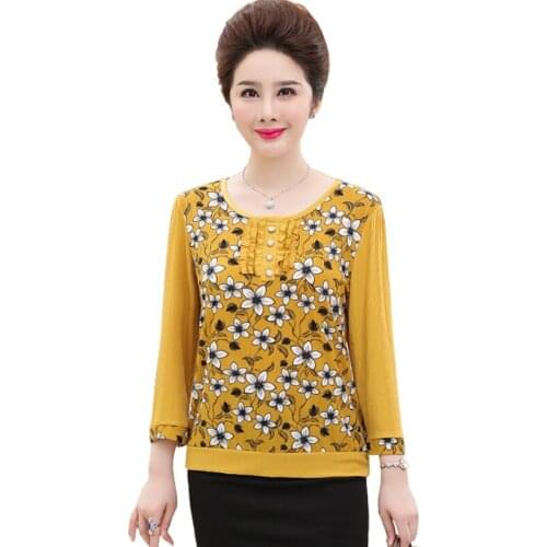 2019 New Spring Autumn Middle-Aged T-shirt O Neck Long-Sleeve Print T-shirt Casual Plus Size XL-4XL Mother Clothing Top Blusas