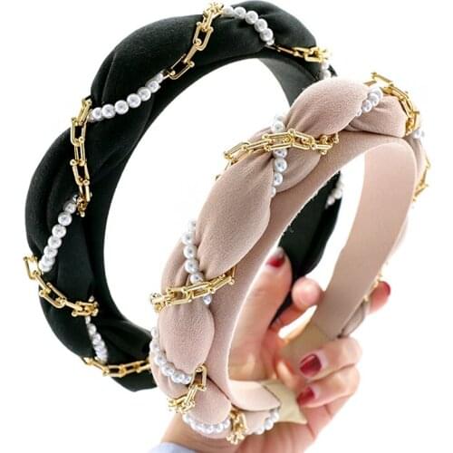 2020 Vintage Chain Pearl Braided Sponge Bezel Hairband Women Turban Headband Girls Hair Accessories Opaska Do Wlosow Headwear
