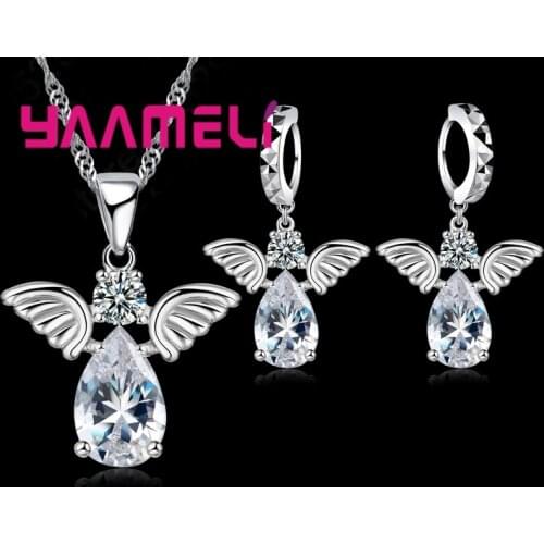 Sale Specials Cute Angel Shape Jewelry Sets Crystal 925 Sterling Silver Pendant Necklace And Earring Set Lady Birthday Free Ship