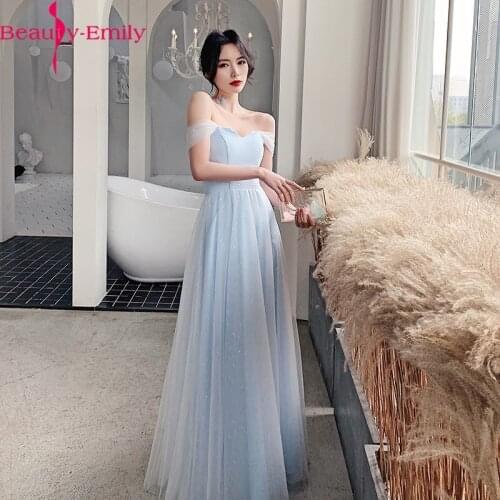 Romantic Sky Blue Boat Neck Off the Shoulder Evening Dress Long Charming Sequined Sleeveless Zipper Back Formal Party Dress