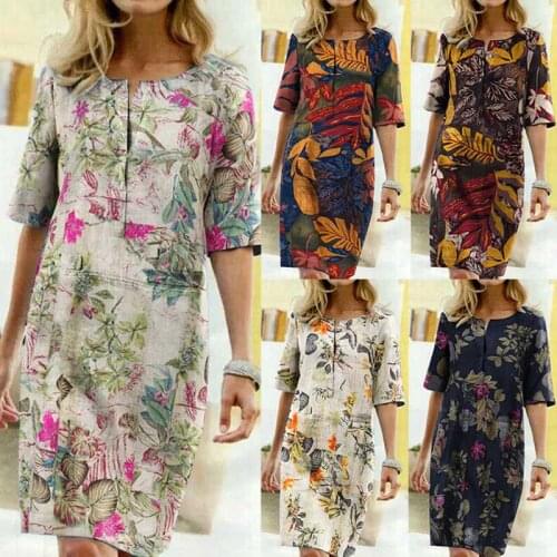 2021 Summer Bohemian Sundress Women Vintage Cotton Linen Floral Printed Casual Loose Short Sleeve Dress Female