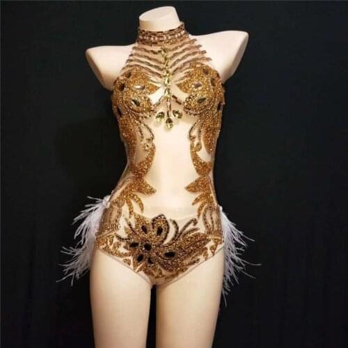 E93 Sexy Perspective bodysuit female singer stage dress performance wears clothes gold outfits clothes feather skirt diamonds dj