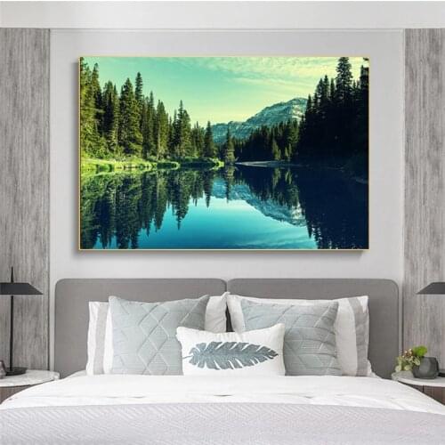 Modern Sunshine Forest Lake Landscape Canvas Painting Wall Art Posters Prints Wall Pictures for Living Room Home Cuadros Decor