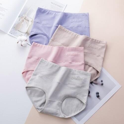 FEILIBIN 4Pcs/lot High Waist Panties Women Cotton Underwear Lovely Print Seamless Briefs Sexy Girls Slimming Breathable Pants