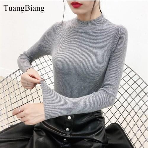 2020 Solid color high collar Long Sleeve Sweater Women Autumn Long Sleeve Pullover Slim Sweaters Girl Korean Style Casual Tops