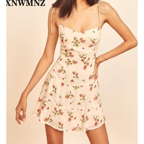 XNWMNZ za women Fashion Flroal Print mini Dress fitted bodice and back Ruffle hem Female Chic dresses vintage high quality