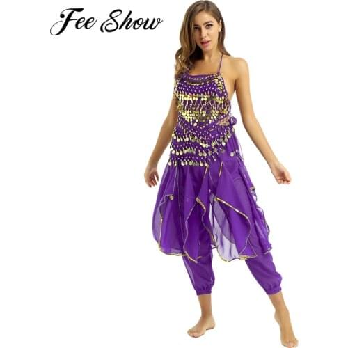 Womens India Belly Dance Costumes Outfit Halter Neck Padded Top Harem Pants Hip Scarf for Festival Carnival Stage Performance