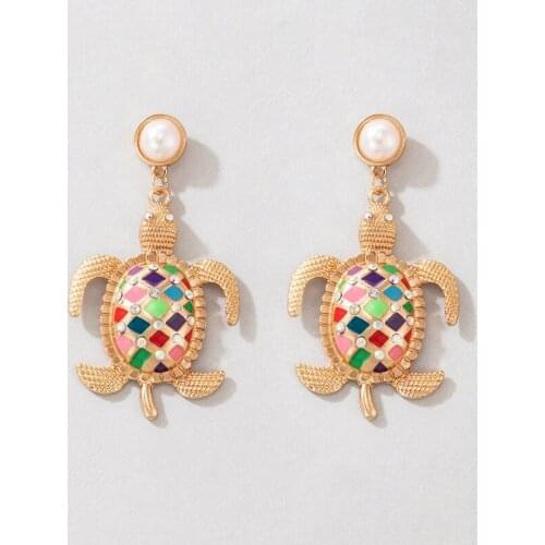 Tocona Colorful Dripping Oil Sea Turtle Gold Drop Earrings for Women Shiny Crystal Stone Lovely Animal Dangle Earrings Jewelry