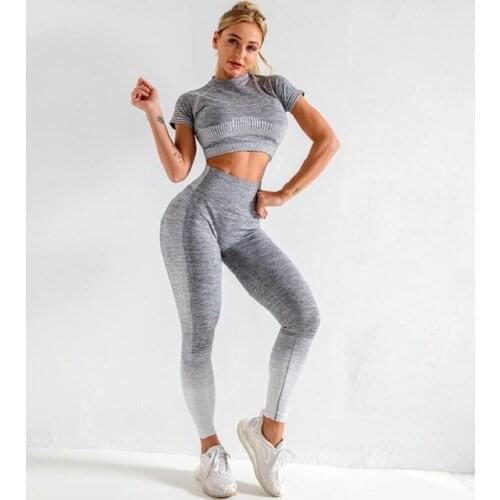 2PCS/SET Yoga Set Sport Women Yoga clothing Seamless Short Sleeve Crop Top T-Shirt Leggings Summer Run Workout Gym Suit Sets