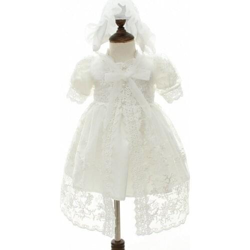 2020 High Quality 3pcs Newest Baby Girl Dress With Shwal + Hat for Girls Infant 1 Year Birthday Party Baptism Christening Gowns