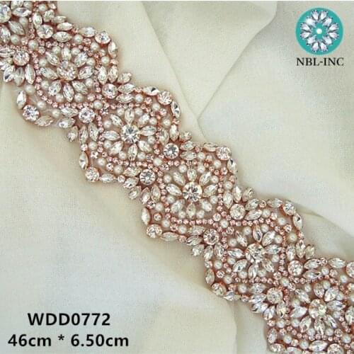 30PCS ) Rose gold rhinestone appliques iron on bridal beaded crystal applique for wedding dresses sash belt WDD0772