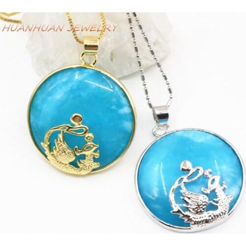 32mm Blue Chain Stone Pendant Necklace Stainless Steel Flat Round Circle Natural Jades Pendants For Women Dragon Inlay B3327