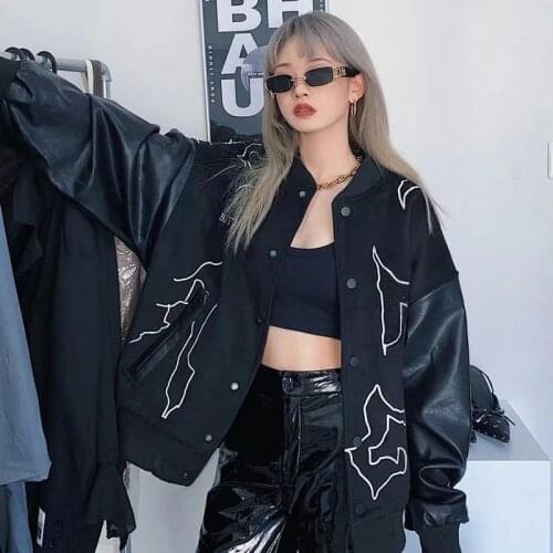 Autumn and winter hip-hop letters hot drilling dark high-street embroidery baseball uniform loose dark blouse women y2k top