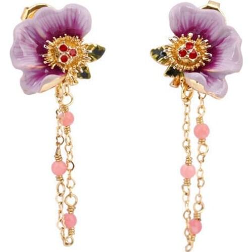 European and American Fashion Tassel Long Earrings Enamel Glaze Purple Peony Flower Earrings 925 Silver Needle Earrings Female