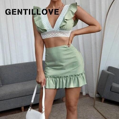 Gentillove Sexy V Neck Lace Up Backless Ruffles Mini Suits Elegant Lace Hollow Out Two Pieces Sets Casual Slim Vestido 2021 New