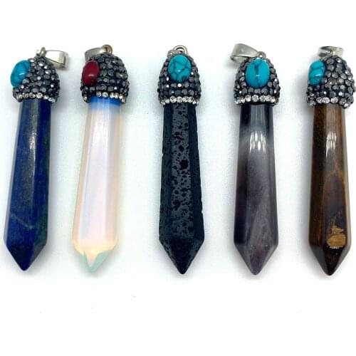 Exquisite Natural Stone Polygonal Amethyst Tigers Eye Charm Pendulum Pendant for DIY Jewelry Making Necklace Bracelet 10x58mm