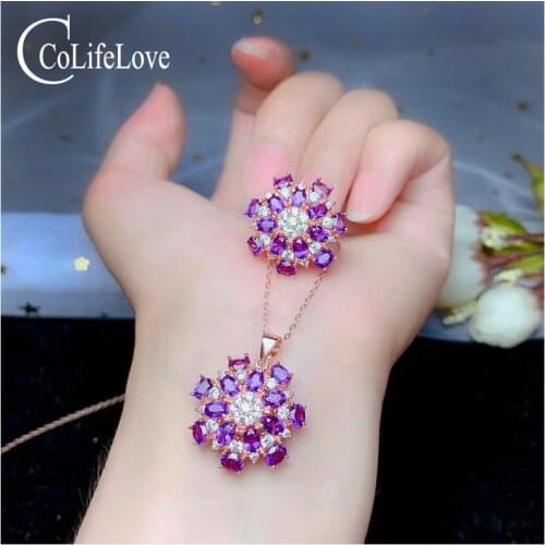 CoLife Jewelry 925 Silver Amethyst Ring Pendant Set 48 Pieces Natural Amethyst Silver Ring and Pendant Fashion Gemstone Jewelry