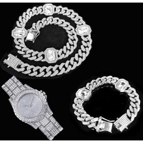 3pcs Kit Hip Hop CZ AAA 12.5MM Iced Out Square Crystal Cuban Chain Set Necklace+Watch+Bracelet For Men Women Jewelry