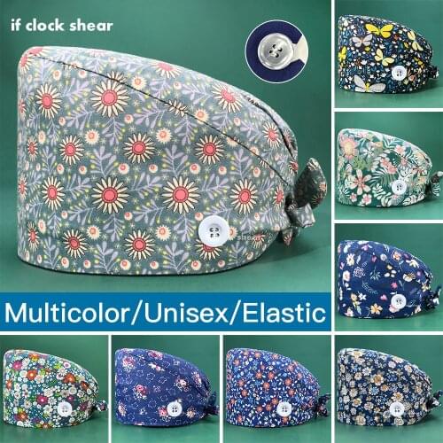 Unisex Pet Grooming Nurse Scrubs Cap Floral Printing Medical Hat Unisex Adjustable Hospital Surgical Scrubs Hat Dentist Work Hat