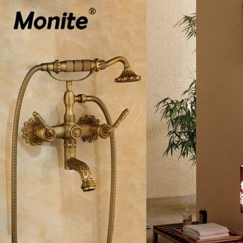 Monite Antique Brass Wall Mounted Bathtub Shower Set Head Hand Shower Bathroom Double Handle Dual Hole Shower Faucets Shower Set